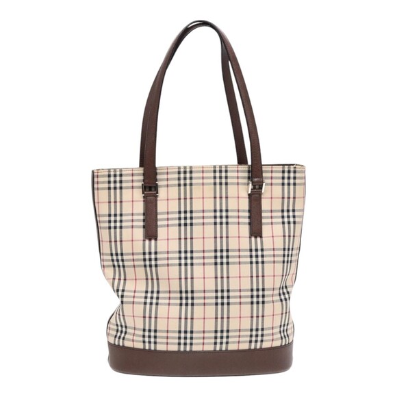 BURBERRY Nova Check Tote Bag Canvas Beige Brown Silver Auth 87766 - Picture 2 of 16